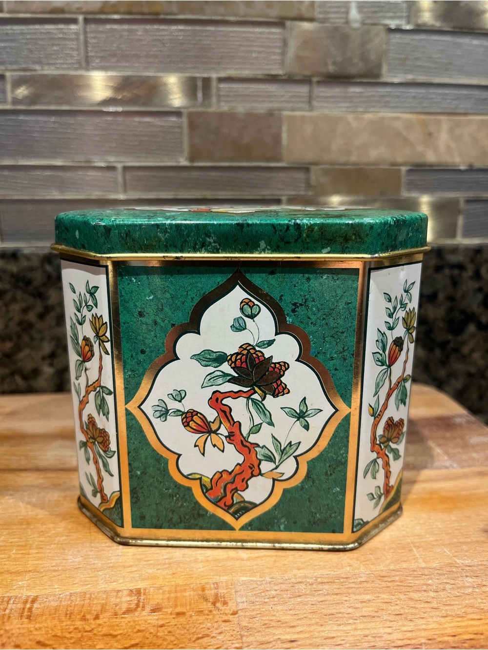 Decorative Green Floral Hexagonal Tin Canister